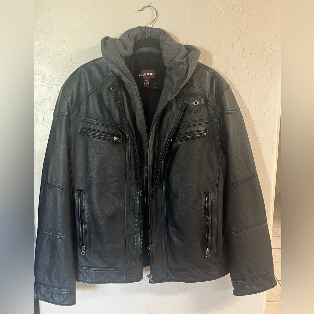 Danier Black Leather Jacket with Gray Hood Mens Large